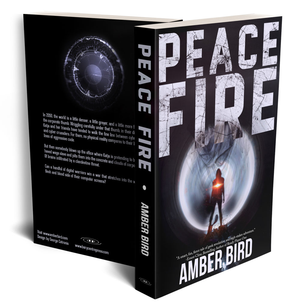 Copies of the book Peace Fire. Cover is black with a silhouette with a red flare in the middle, in front of and a large, round, metallic shape