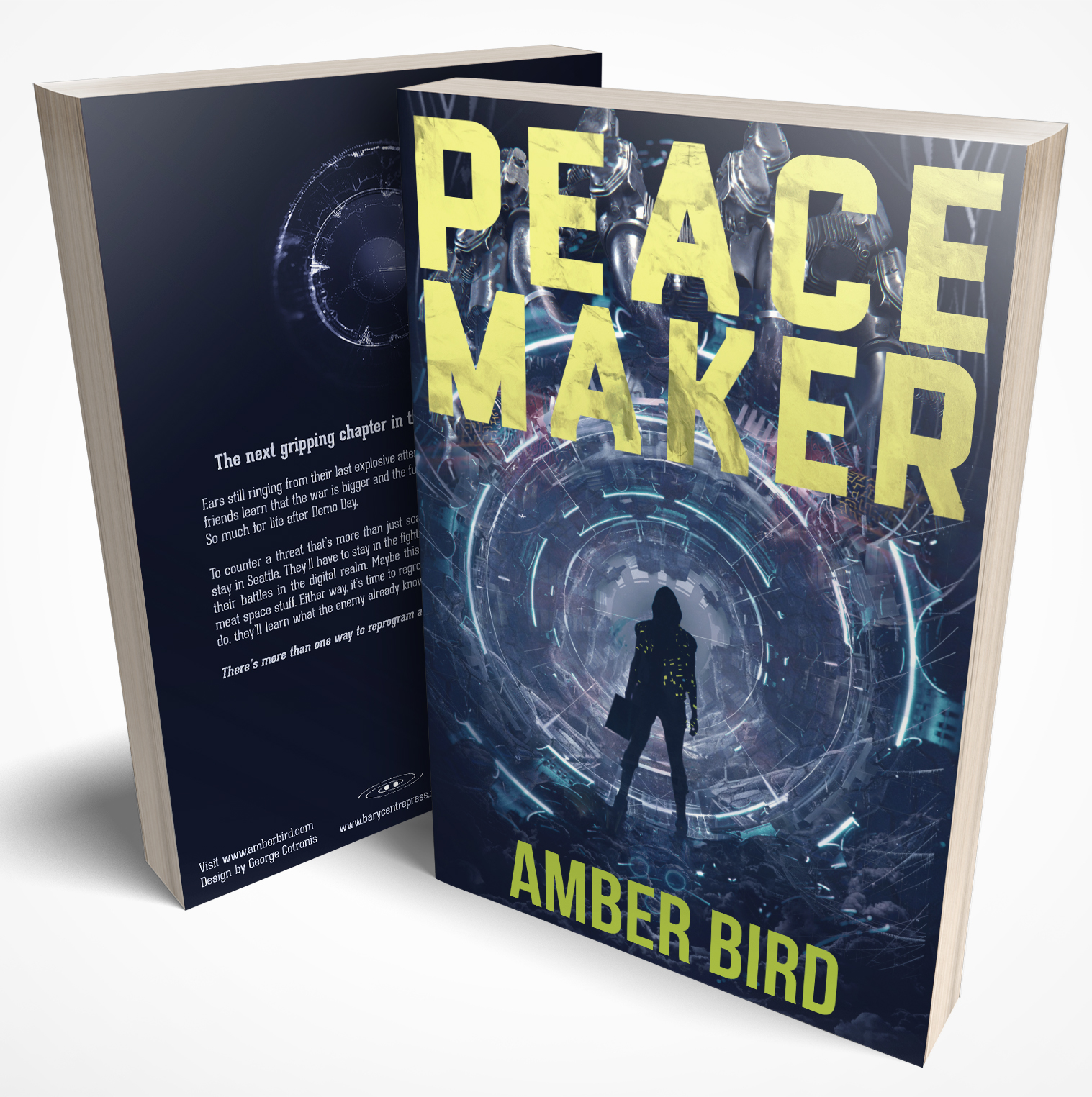 Copies of the book Peace Maker. Cover features a silhouette wearing a hoodie and boots, carrying a boxy container in her left hand, stands in front of a mechanical tunnel segmented by rings of blue-ish light