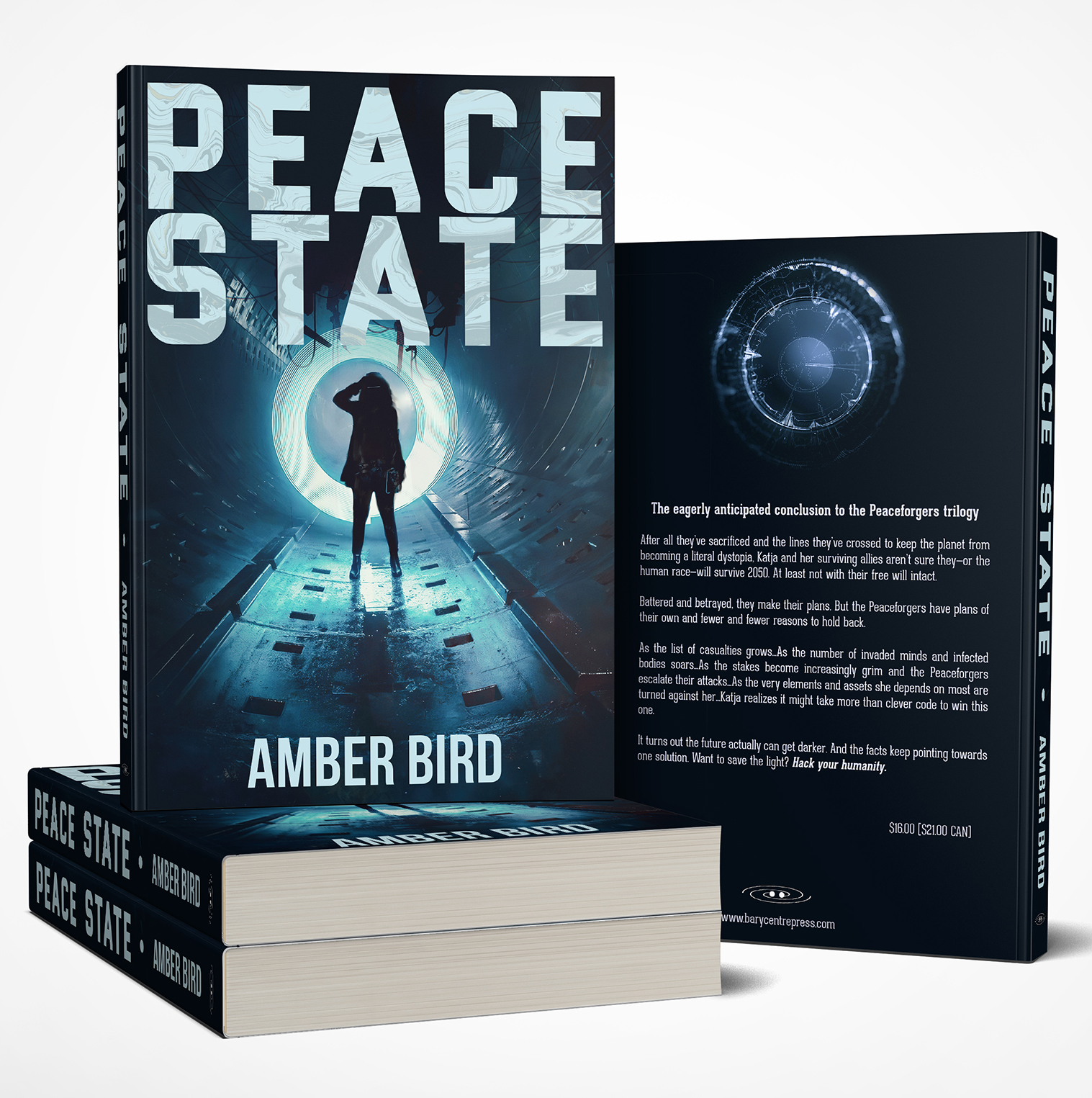 Copies of the book Peace State. Cover features a silhouette wearing a long jacket and boots stands in a metal tunnel, in front of concentric rings of blue-ish light and under an ominous machine with arms that can probe, cut, and inject